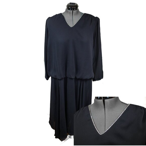 VTG CHEZ OF CALIFORNIA SZ 18 W Black Maxi Dress Drop Waist Chiffon Jeweled Plus - Picture 1 of 6